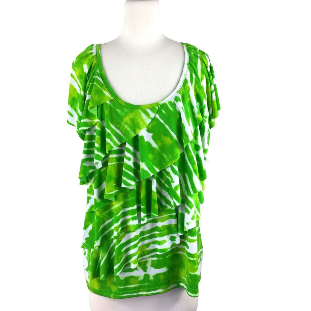 AB Studio Green/White Ruffled Top,‎ Size Large